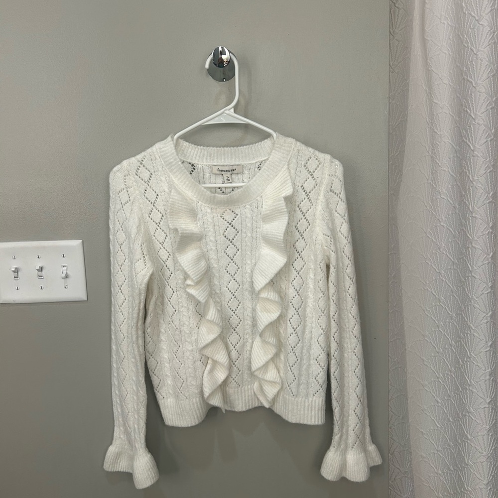 Francesca's Collections White Ruffle Cable Knit Sweater